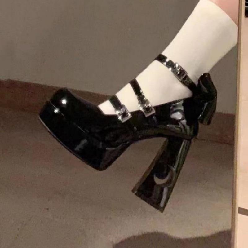 Spring Punk Thick Heel Mary Jane Lolita Shoes Woman Patent Leather Cosplay Shoes Y2k Chunky Platform High Heels Pumps