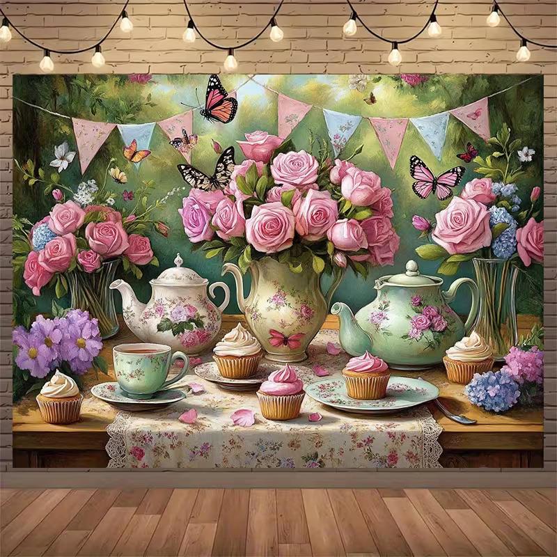 2D Vintage Tea Party Backdrop Pink Roses Teapot Cupcake Garden Background