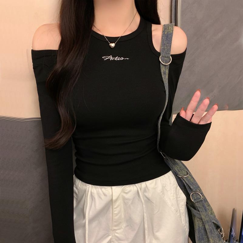 Женские футболки из чистого хлопка harajuku 2025 весна осень сексуальные с открытыми плечами и длинным рукавом повседневные тонкие футболки с буквенным принтом женские топы y2k