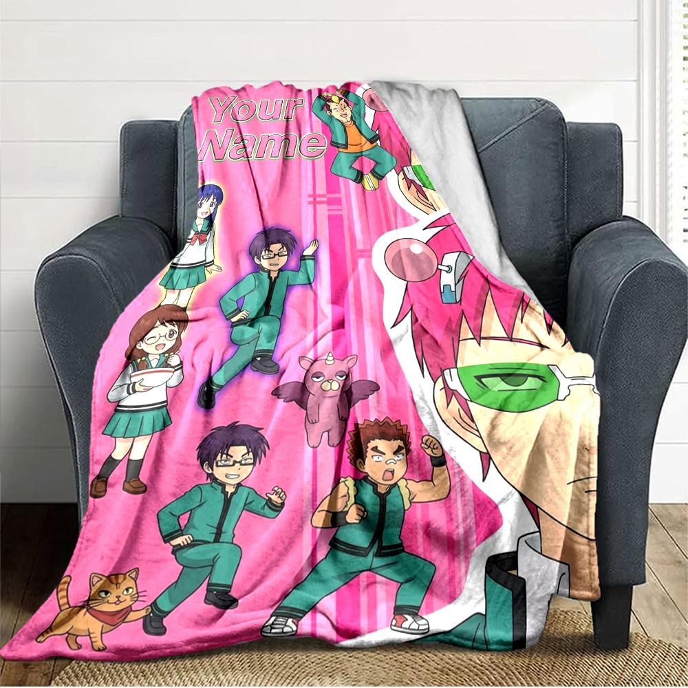 Name Custom Saiki Print Flannel Blanket High Quality Warm Comfortable Cover for All Seasons Perfect for Gifts Home Decor