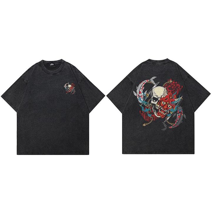 Hip Hop Retro Washed Black TShirt Streetwear Oni Mask Skull Devil Graphic T Shirt Cotton Men Tshirt Unisex Tops Tees YK
