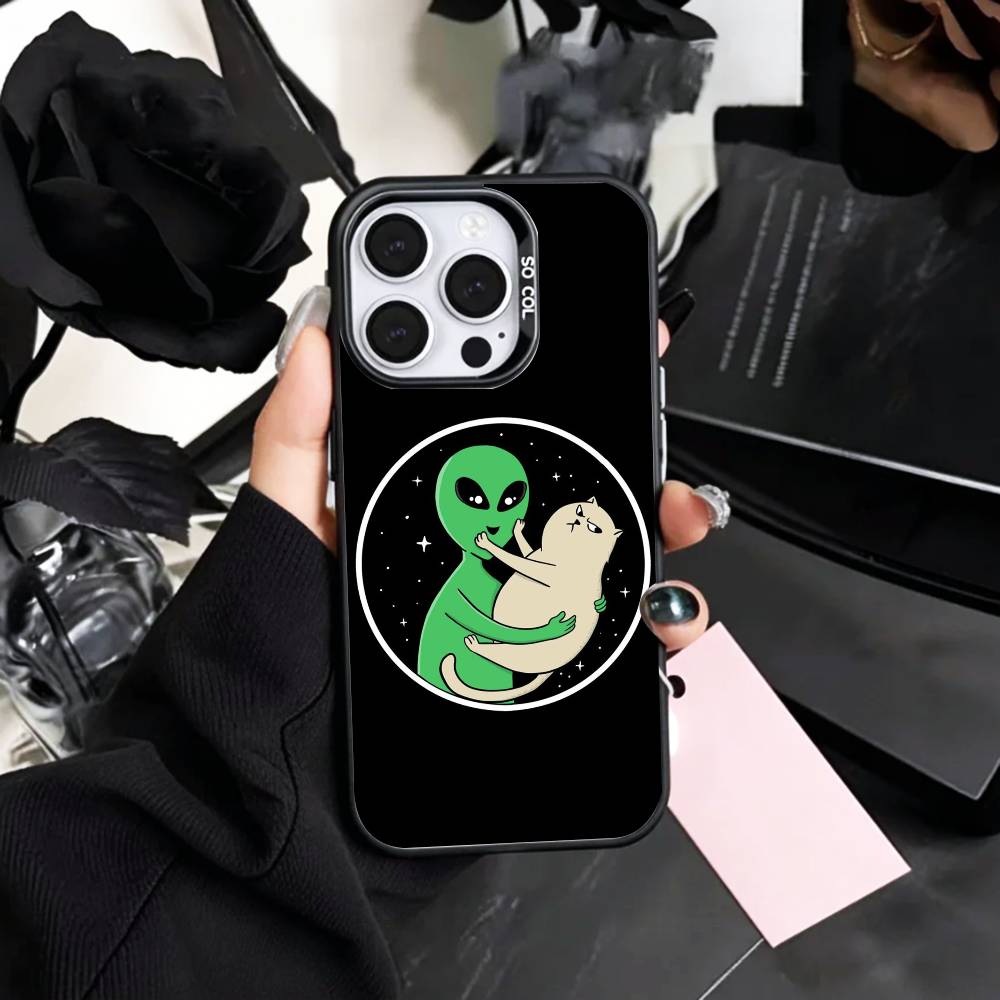 Cool C-Cartoon Alien Space Phone Case For iPhone17,16,15,14,13,12,11 Plus,Pro Max Colored Silver Plated Inside Cover