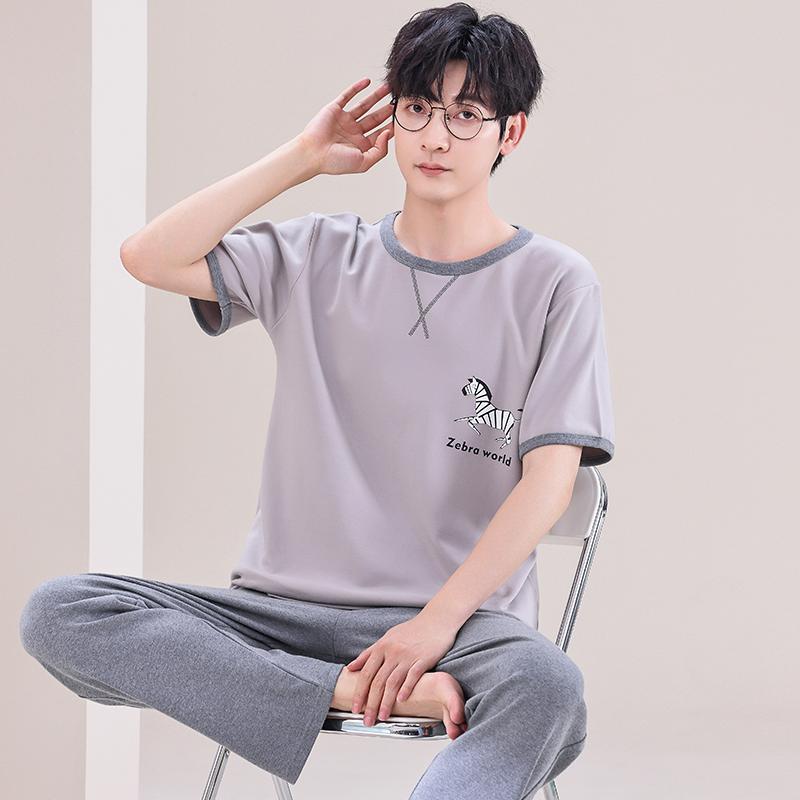 Summer Soft Cotton Pajamas Set for Men Fashion O-neck Pyjamas Short Sleeved Plaid Pants Home Suit