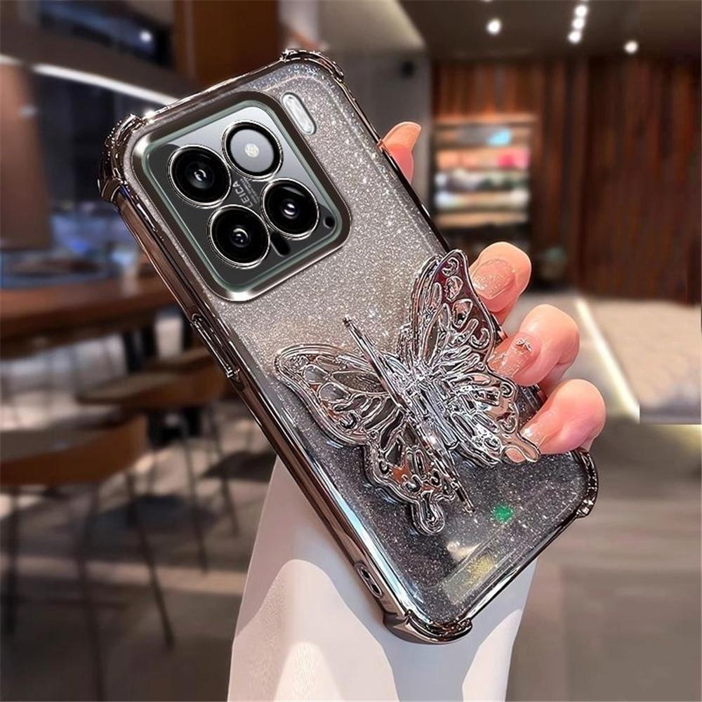 Butterfly Bracket Phone Case For Xiaomi 14T Pro 13T 12T 11 Lite 5G NE 15 Ultra 12X Glitter Shockproof Soft Silicone Stand Cover