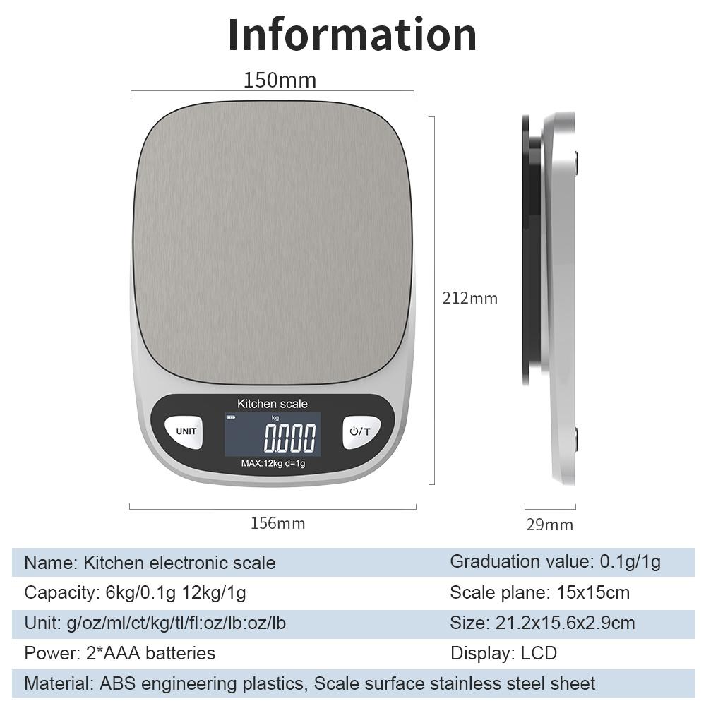 Водонепроницаемые весы из нержавеющей стали ЖК-дисплей Цифровые электронные кухонные весы 12 кг/1 г 6 кг/0,1 г Измерительный инструмент для взвешивания выпечки