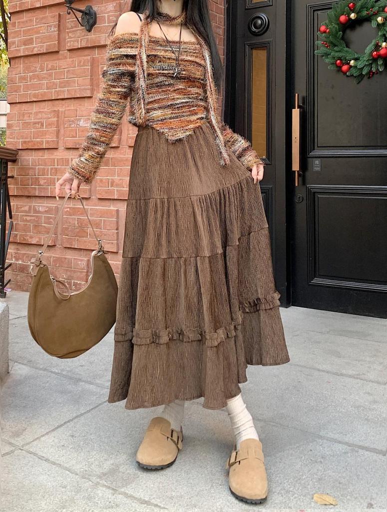 Юбка миди с высокой талией, плиссированная, с оборкой по подолу, на осень/зиму 2025