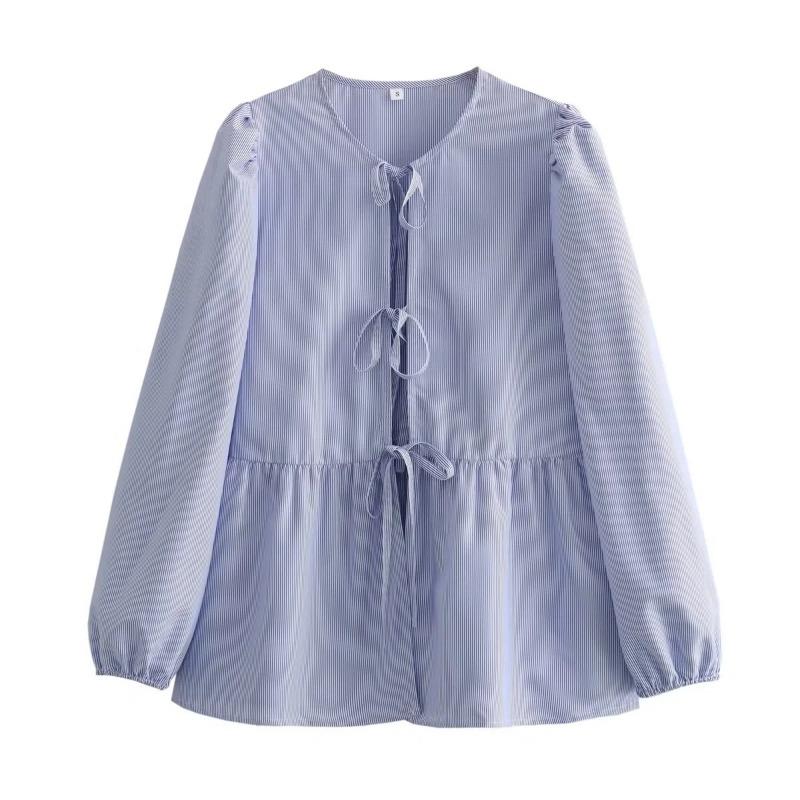 Летняя уличная модная женская блузка, повседневная рубашка с длинным рукавом и галстуком-бабочкой на шнуровке, топы, женские офисные элегантные сексуальные рубашки с круглым вырезом 24427