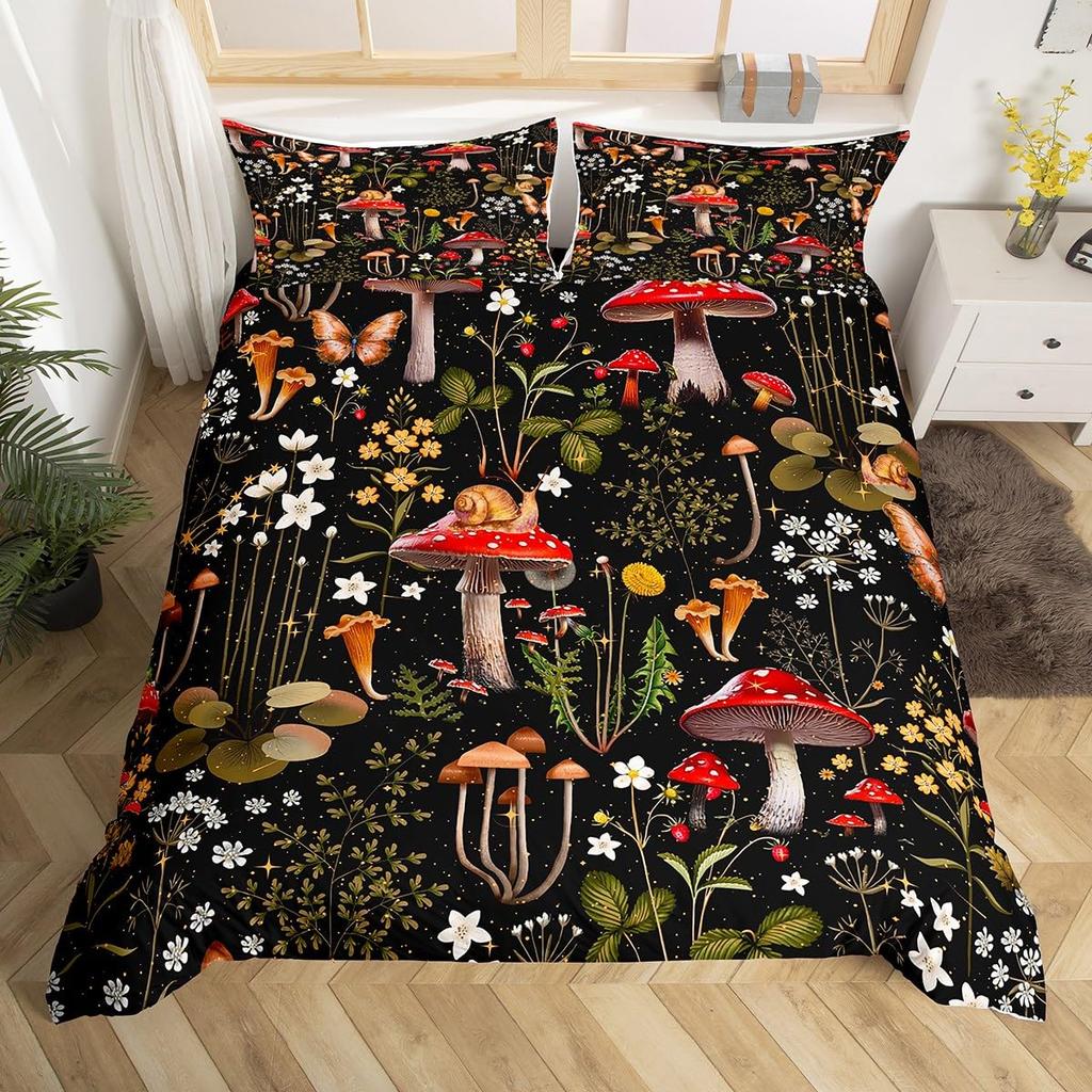 Mushroom Duvet Cover Watercolor Fungus Bedding Set Wild Botanical Comforter Cover Set Retro Leaf Pattern Polyester Quilt Cover