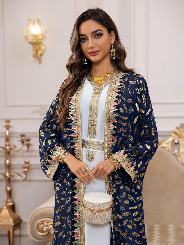 AB454 Женский комплект абайи из дубайского шифона большого размера - Трехпредметный кардиган в ближневосточном стиле, длинное платье с горячим тиснением