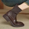 Cow Skin Size 43 Winter Round Toe Chunky Heels Fashion Motorcycle Boots Women Slip On Knitting Stretch Ankle Boots