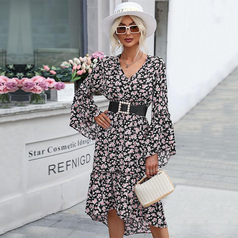 Темперамент и элегантность Верхняя одежда Модные женские платья с длинным рукавом и цветочным принтом Платья на осень и зиму