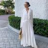 Элегантные белые свободные марлевые длинные платья женские повседневные с V-образным вырезом, расклешенным длинным рукавом, длинные халаты, новое женское уличное офисное платье