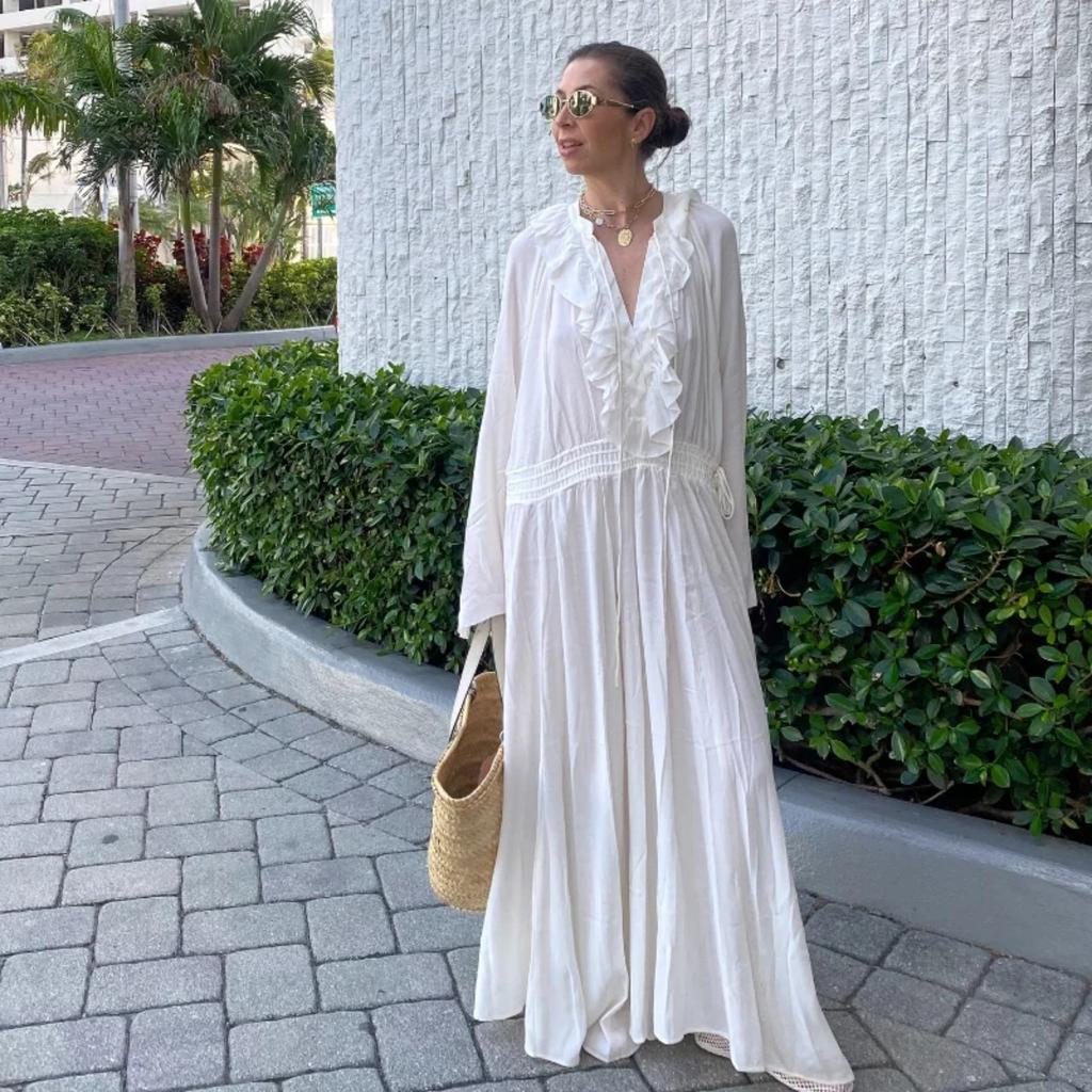 Элегантные белые свободные марлевые длинные платья женские повседневные с V-образным вырезом, расклешенным длинным рукавом, длинные халаты, новое женское уличное офисное платье