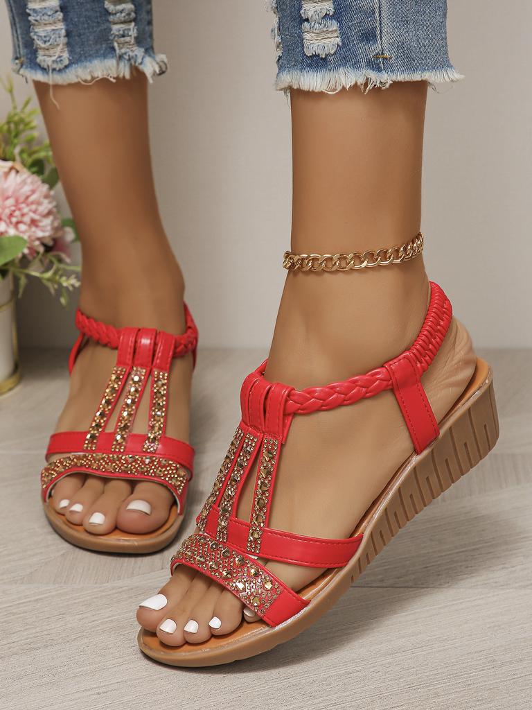 Fashion Summer Rhinestone Wedge Sandals Women 2024 New Fashion Non Slip Beach Shoes Woman Lightweight Casual Gladiator Sandalias