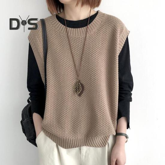 Women Knitted Vest Autumn Winter O Neck Solid Color Wavy Hem Warm Soft Loose Casual Female Ladies Waistcoat Sleeveless Top Knitwear