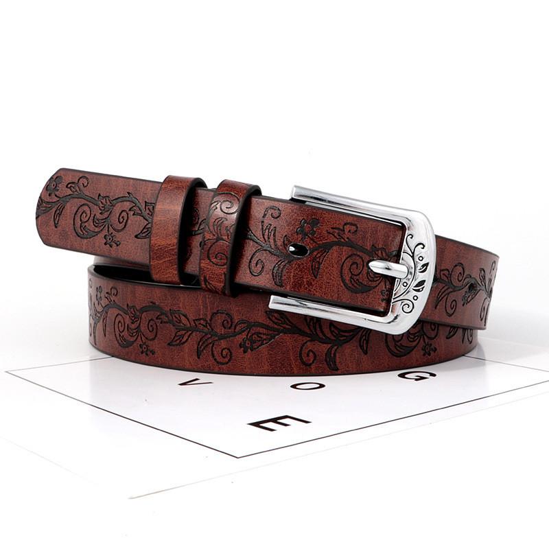 Leather Boho Inspired Belt With Embossed Design And Silver Buckle Womens For