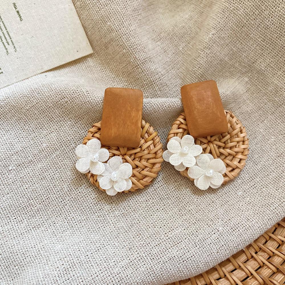 Round Rattan Weave Earrings Flower Beach Jewelry Cute Bohemian Drop Earrings Wedding