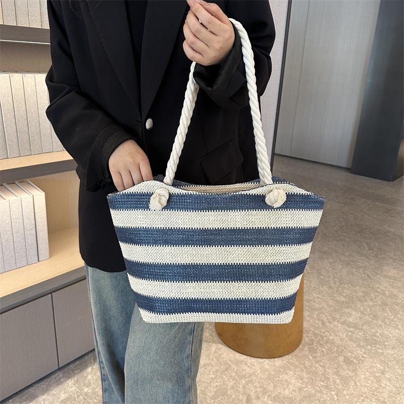 Yogodlns Женская тканая пляжная сумка большой емкости, полосатые сумки на молнии, соломенная сумка в стиле ретро, женская летняя повседневная сумка