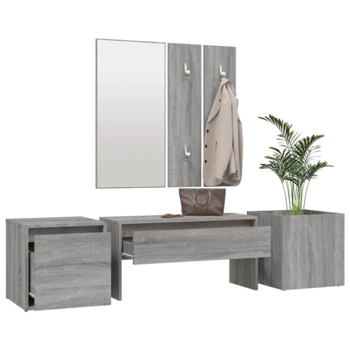 VidaXL Ensemble de Meubles de Couloir Banc d'Entrée Boîte de Rangement Miroir de Coiffeuse Porte-manteau Sonoma Gris Bois 3120201