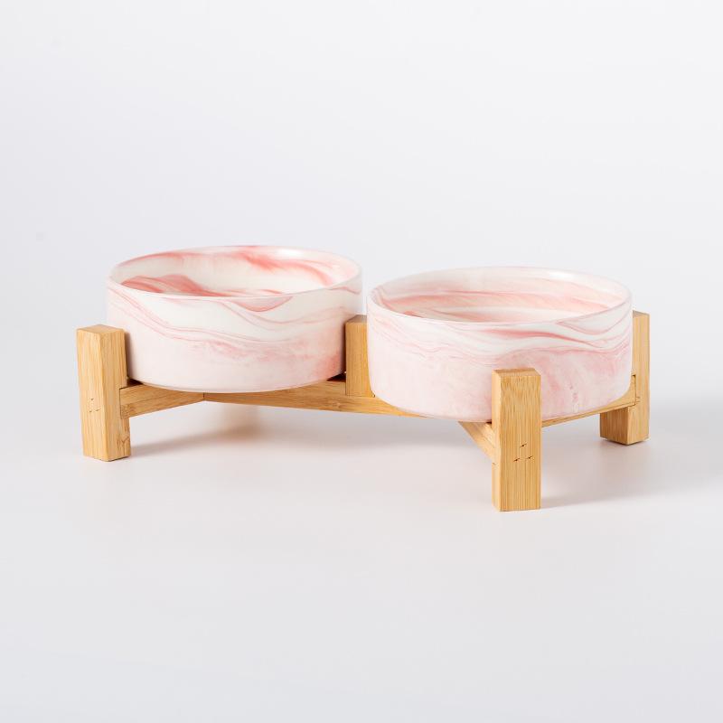 Керамическая миска для корма домашних животных с приподнятой бамбуковой подставкой - Антиопрокидывающаяся конструкция для собак и кошек, Защищает шейный отдел позвоночника