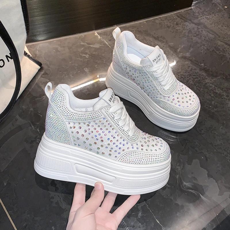 Fashion 10CM Wedge Heels Sneakers New Autumn Women Bling Crystal Skateboard Shoes Breathable Leather High Platform Vulcanize White Shoes