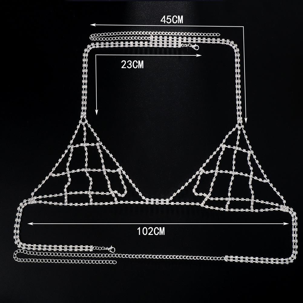 Rhinestone Bikini Body Chains Gold Mesh Body Bra Harness Necklace for Women Fishnet Crystal Chest Jewelry for Nightclub Party