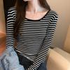 Contrast Color Striped Large Round Neck Long-sleeved T-shirt for Women In Autumn New Elastic Slimming Inner Layered Shirt Top