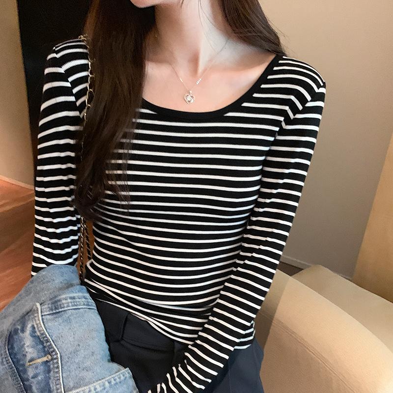 Contrast Color Striped Large Round Neck Long-sleeved T-shirt for Women In Autumn New Elastic Slimming Inner Layered Shirt Top
