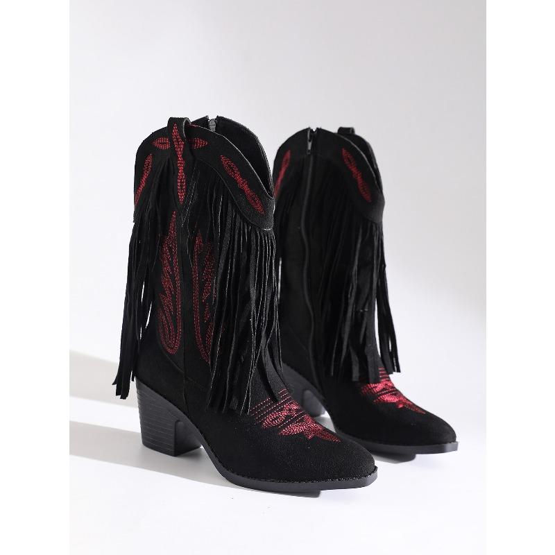 2025 Новые ботинки с острым носком и V-образным вырезом в западном стиле с бахромой, женские зимние больших размеров на толстом каблуке, вышитые этнические ботинки-рыцари