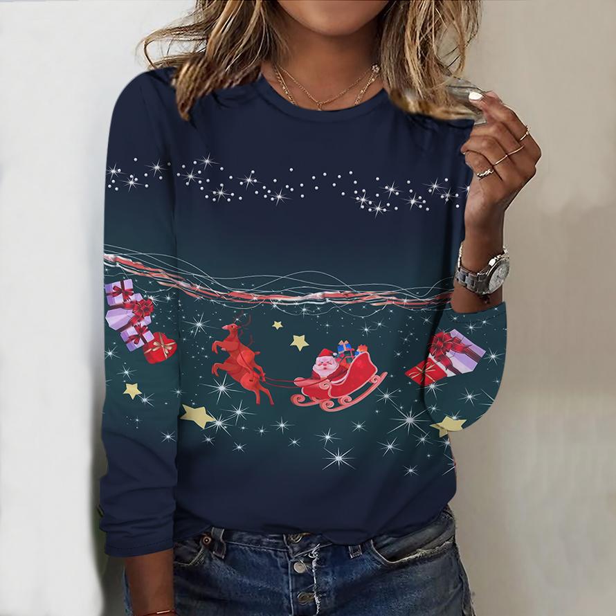 2025 Autumn & Winter Women's New Casual Crew Neck Long Sleeve Top 3D Christmas Pattern Ideal Halloween Christmas Gift
