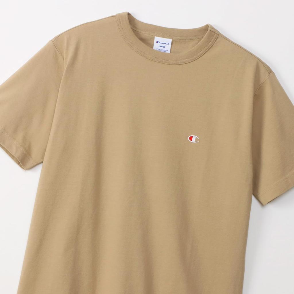 Champion короткая классическая хлопковая футболка с логотипом, с коротким рукавом, песочно-бежевая, рукав, 100% хлопок, США, вышивка в одной точке, футболка, базовая, C3-P300Z/C3-X352L,