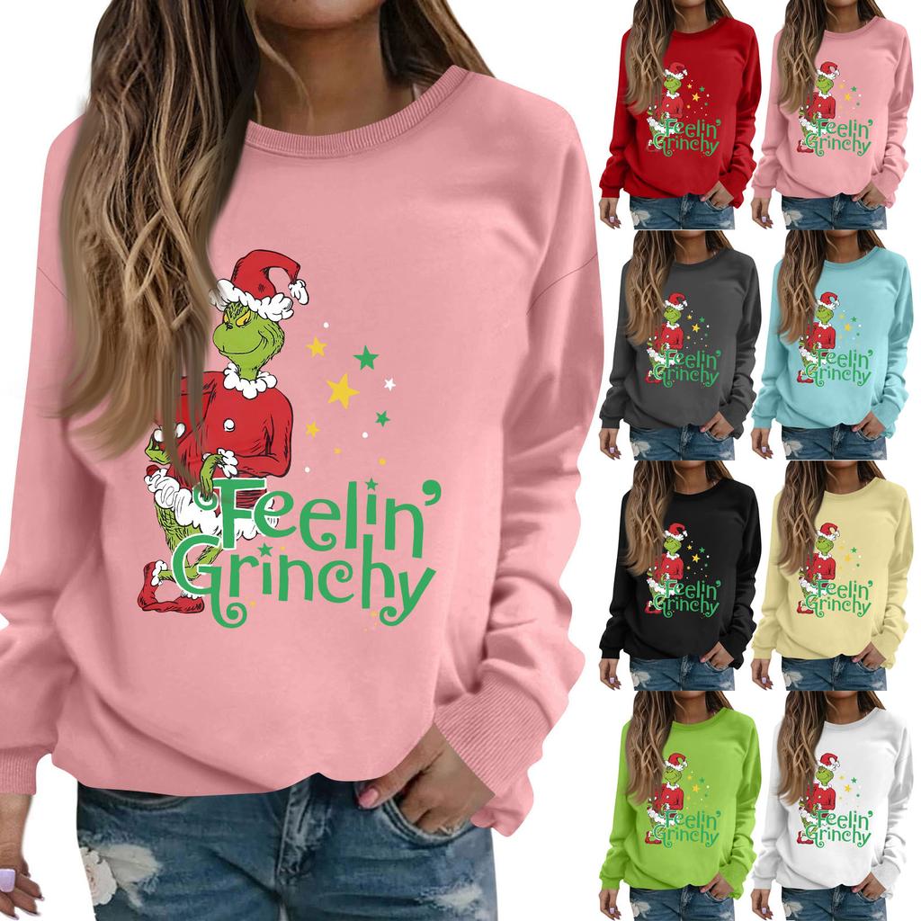 Women's Fashion Casual Long Sleeve Solid Color Christmas Printed Round Neck Top Sweatshirt