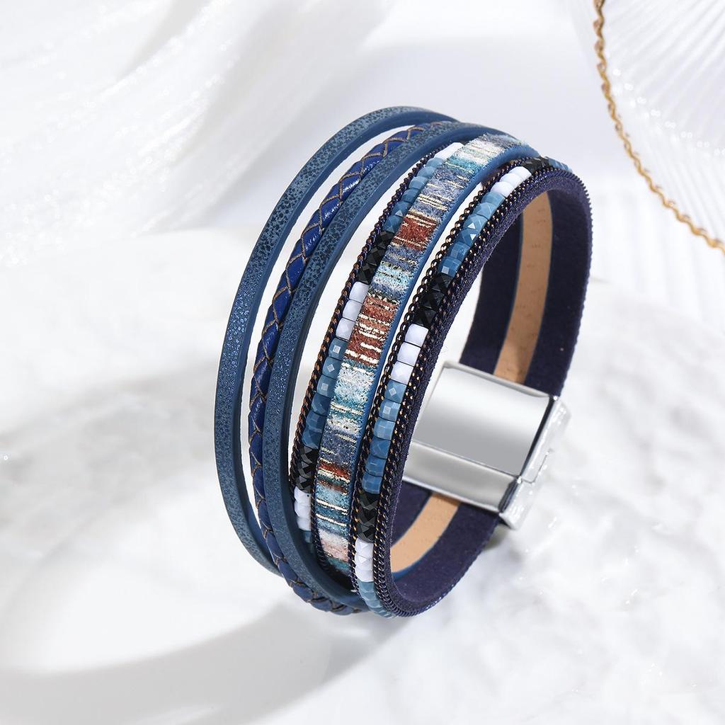 Bohemian Multi-layer Leather Wrap Bracelet with Magnetic Buckle for Women