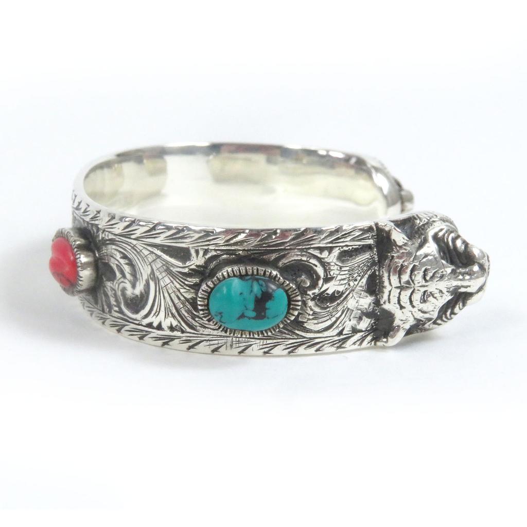 Great GUCCI Bangle Cat head Double G Le Marche des Merveilles Silver Turquoise Red Used
