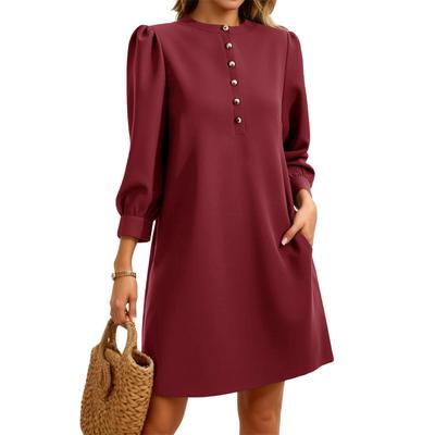 Женское платье с рукавами 3/4 буф, на пуговицах, с круглым вырезом, элегантное и повседневное однотонное платье
