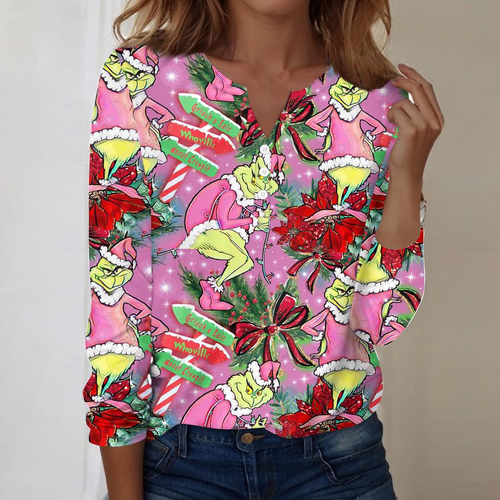 Women's Fashion Casual V-Neck Long Sleeve Decorative Button Christmas Print Top