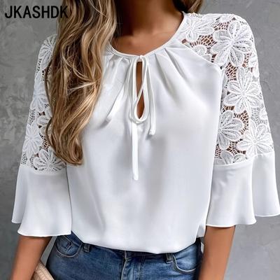 Женские модные повседневные летние весенние однотонные блузки и рубашки с круглым вырезом и рукавами 3/4 с принтом