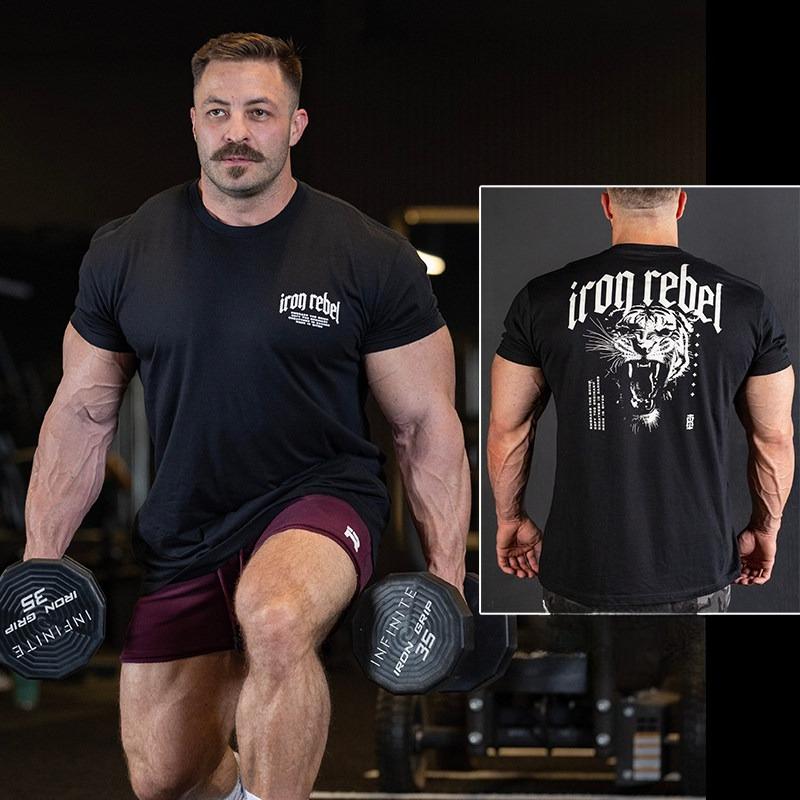 GYM IR Fitness Short Sleeve Cuff Sports Stretch Sweatabsorbing Loose Hem Breathable American Muscular Tshirt Top
