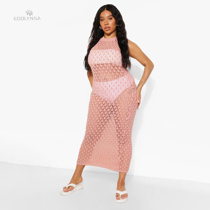 2022 Sexy See Through Sleeveless Bikini Cover-ups Pink Hollow Out Mesh Dress Women Summer Beach Wear Swim Suit Cover Up