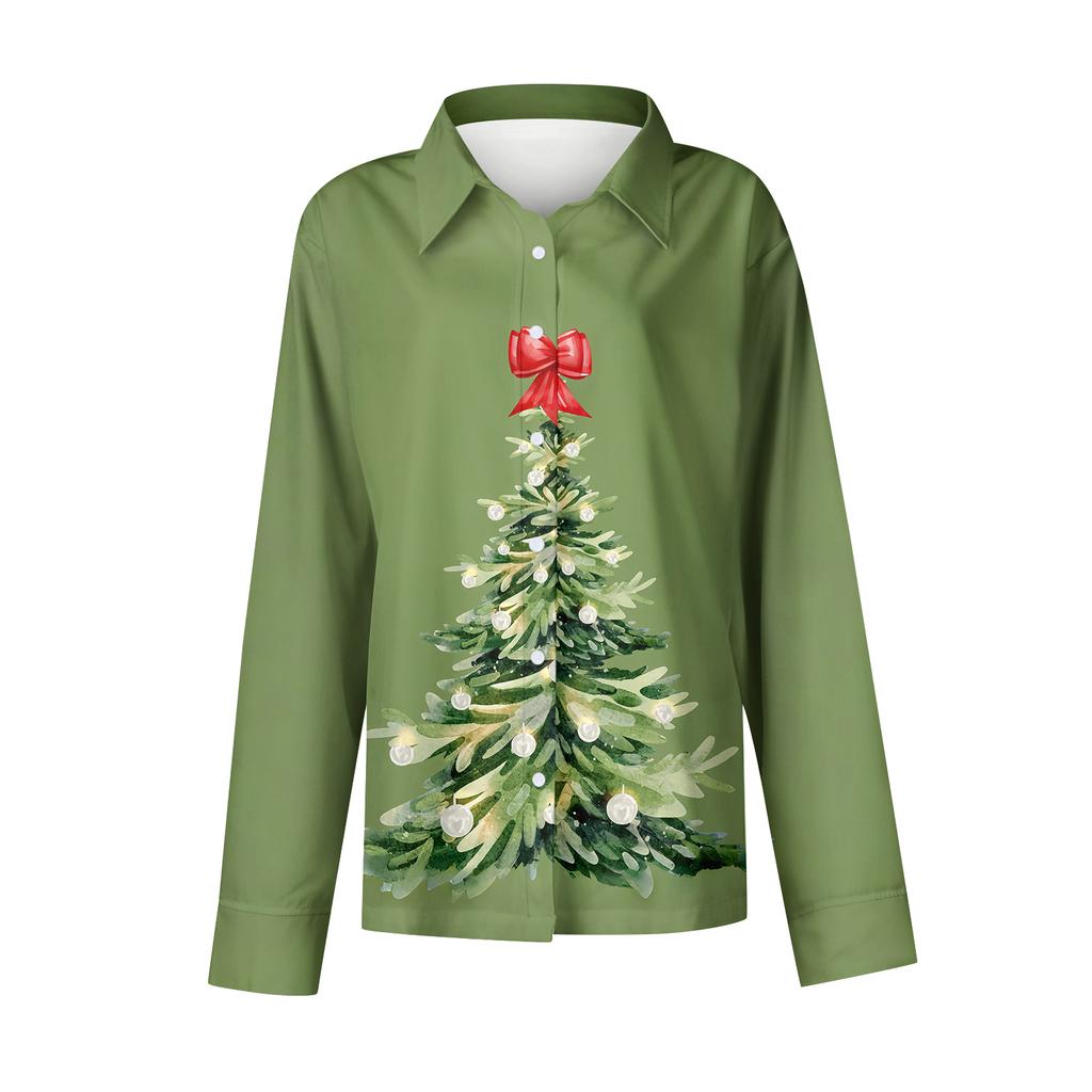 Женская рубашка-блузка с рождественским принтом и пуговицами, длинный рукав, повседневный базовый рубашечный воротник, обычный топ