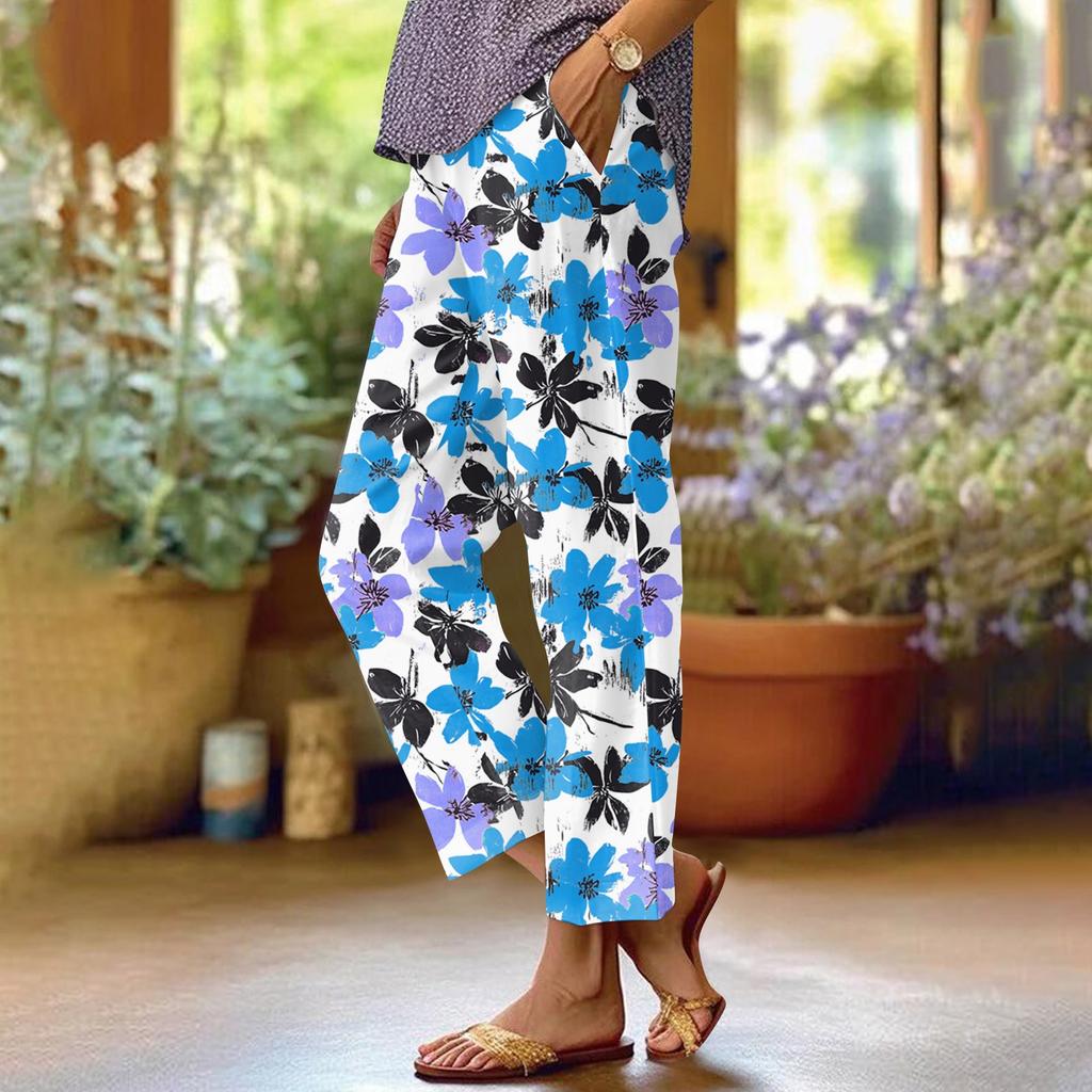 Women's Fashionable Floral Print Straight Leg Pocket Elastic Waist Casual Pants Pants