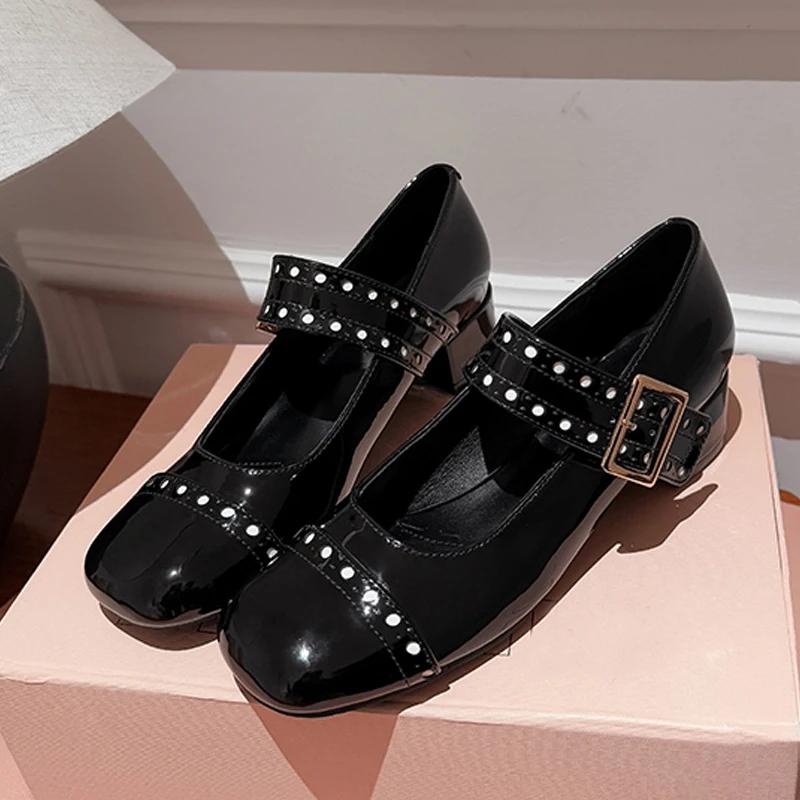 Модные женские туфли-лодочки из лакированной кожи высокого качества, туфли Мэри Джейн в японском стиле Лолита, с ремешком на щиколотке и квадратным носком, на высоком каблуке, Zapatos Mujer