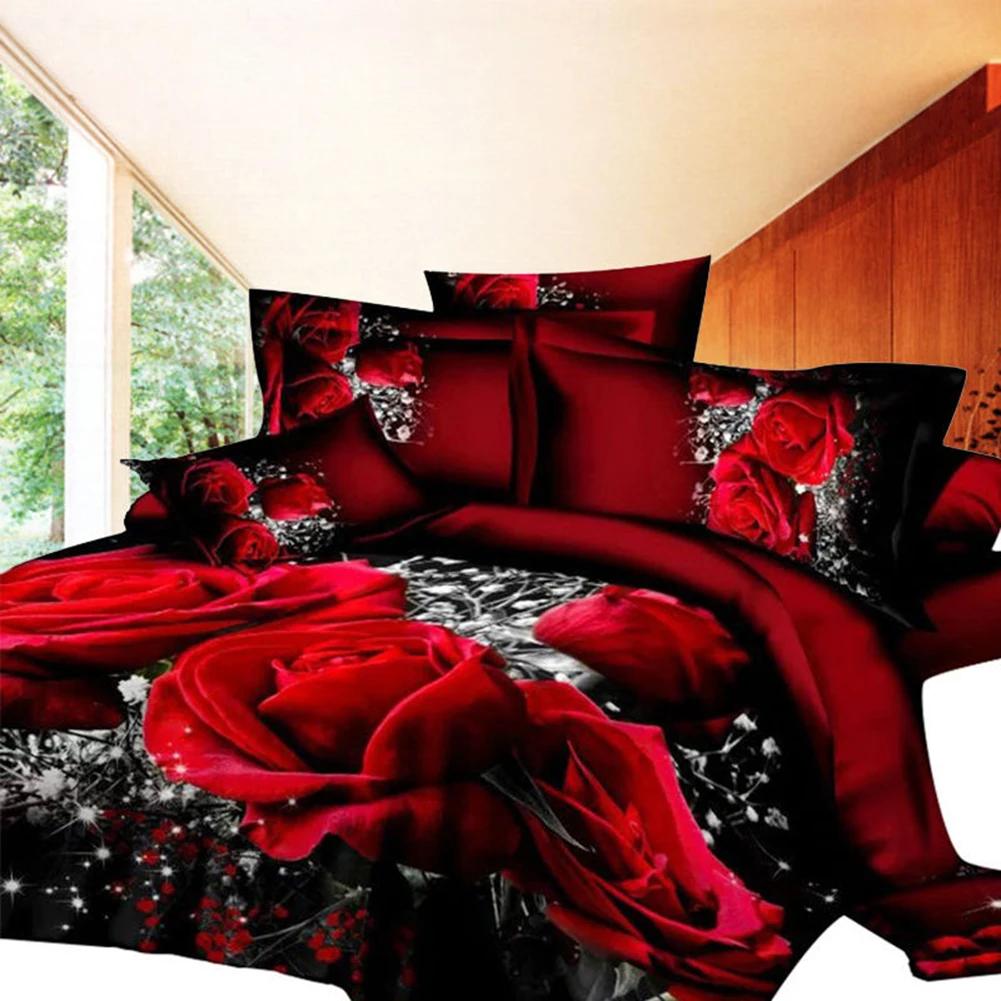 4 PCS 3D Big Red Rose Floral Bedding Sets Wedding Duvet Cover Sheet Pillow Cases Double Bed Sheet Comforter Quilt King Size