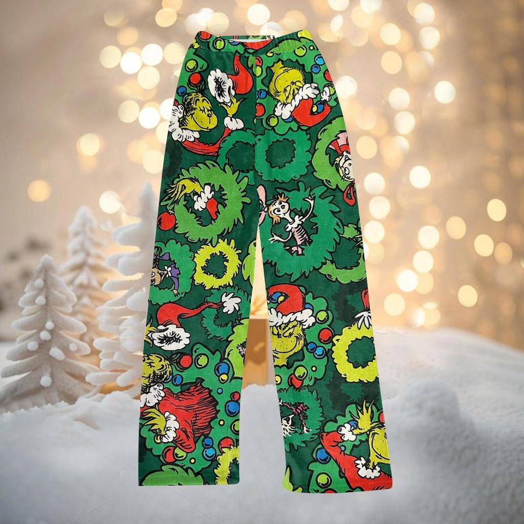 Женские осенне-зимние брюки, длинные брюки, фланелевые брюки с рождественским принтом