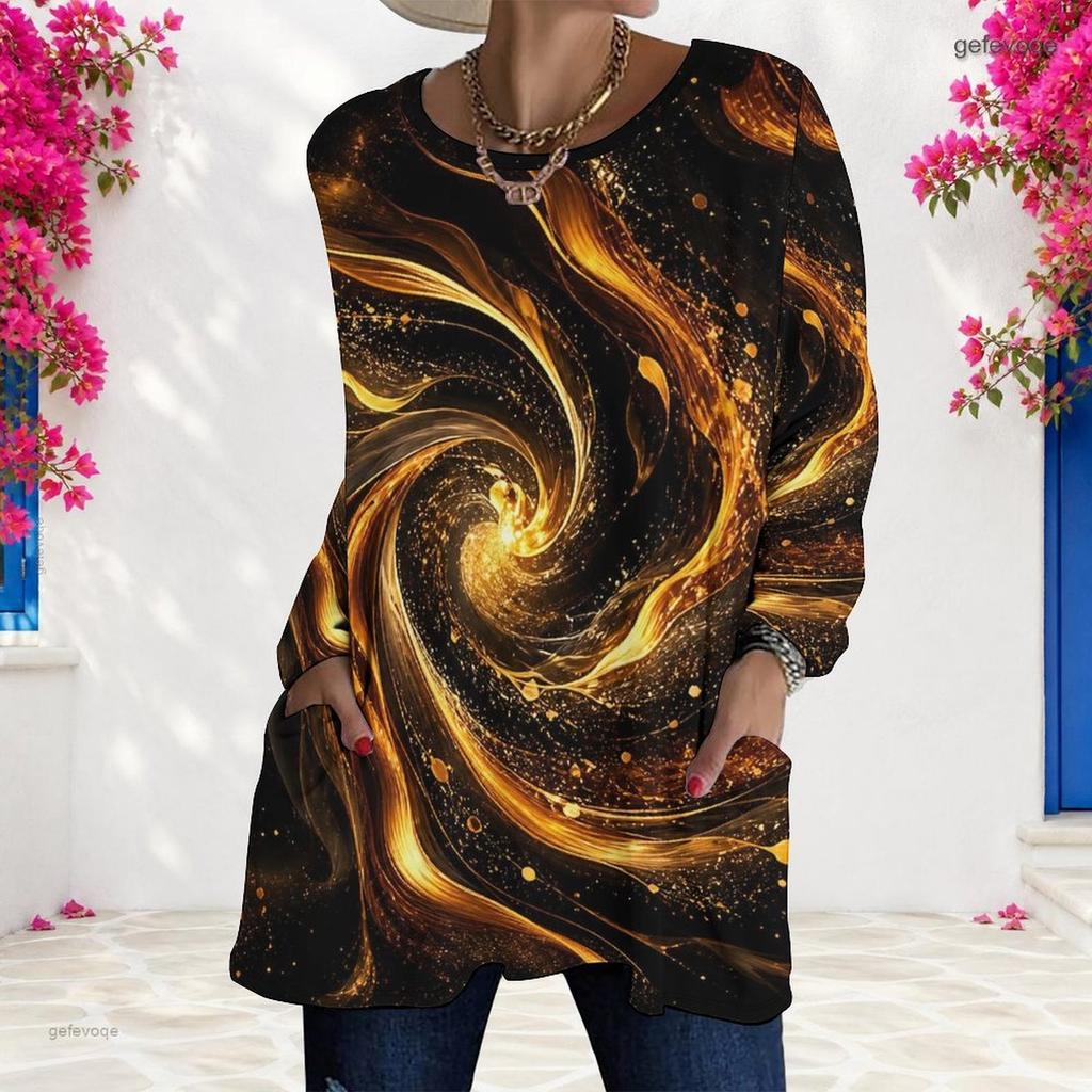 Women Plus Size Round Neck Long Sleeve Abstract Printed Red Black Loose Longline T Shirt With Pockets