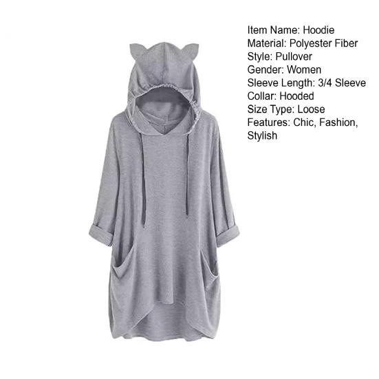 Женское длинное худи-пуловер с неровным подолом, рукавами 3/4, толстовки с капюшоном с кошачьими ушками, туники с карманами