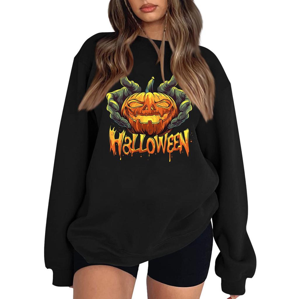 Women's Casual Round Neck Long Sleeved Pullover, Halloween Printed Top, Long Sleeved Hoodie