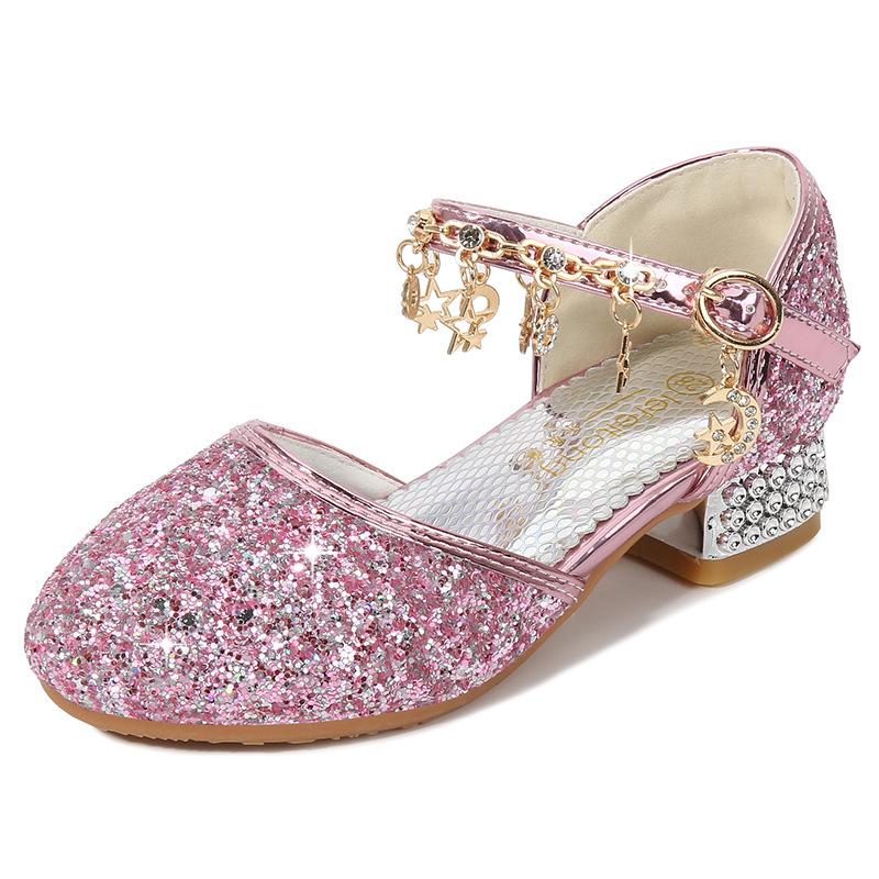 Summer new fashion girls' leather shoes, princess shoes, children's crystal shoes, soft-soled high-heeled shoes for little girls' runway performances