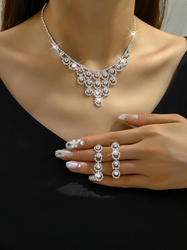 Комплект из 3 предметов женской бижутерии: серьги-гвоздики со стразами, ожерелье, роскошные модные аксессуары для вечеринок