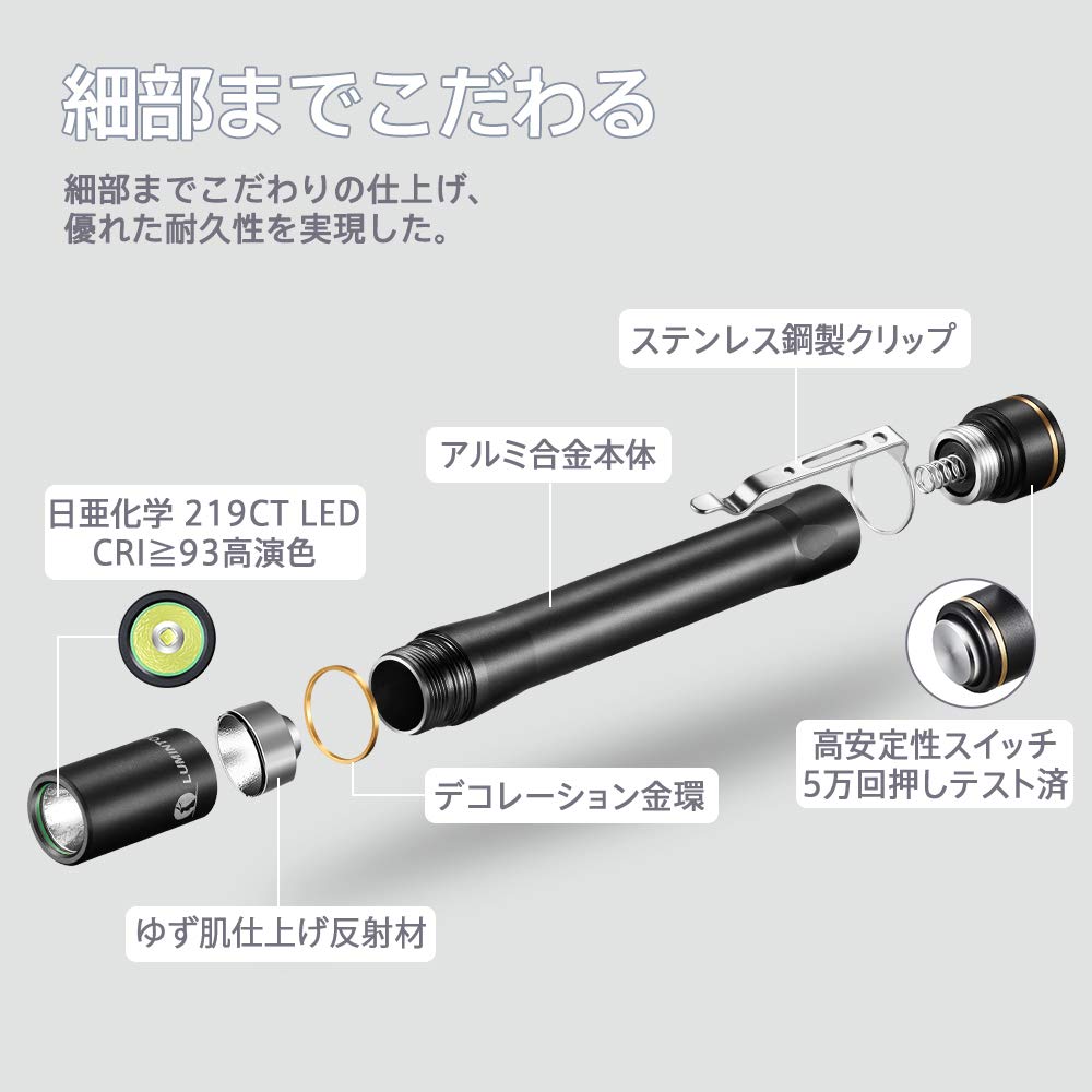 LUMINTOP IYP365 LED High Color Nichia Aluminum Alloy Compact and 3 Brightness IPX8 AAA Battery Compatible Flashlight, Rendering, LED, Construction,